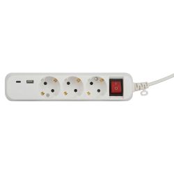 Удлинитель электрический ЭРА UB-3es-1,5m-USB c заземлением с выключателем 3 розетки + 1xUSBA+1xUSBC 1,5м 10А | Бытовые удлинители