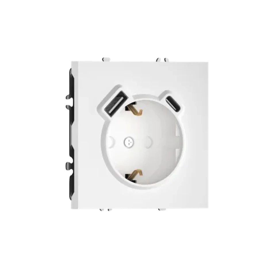 Розетка 220В с заземлением, со шторками, 16А + зарядка USB A+C 20W, на винтах, матовый белый DONEL S08