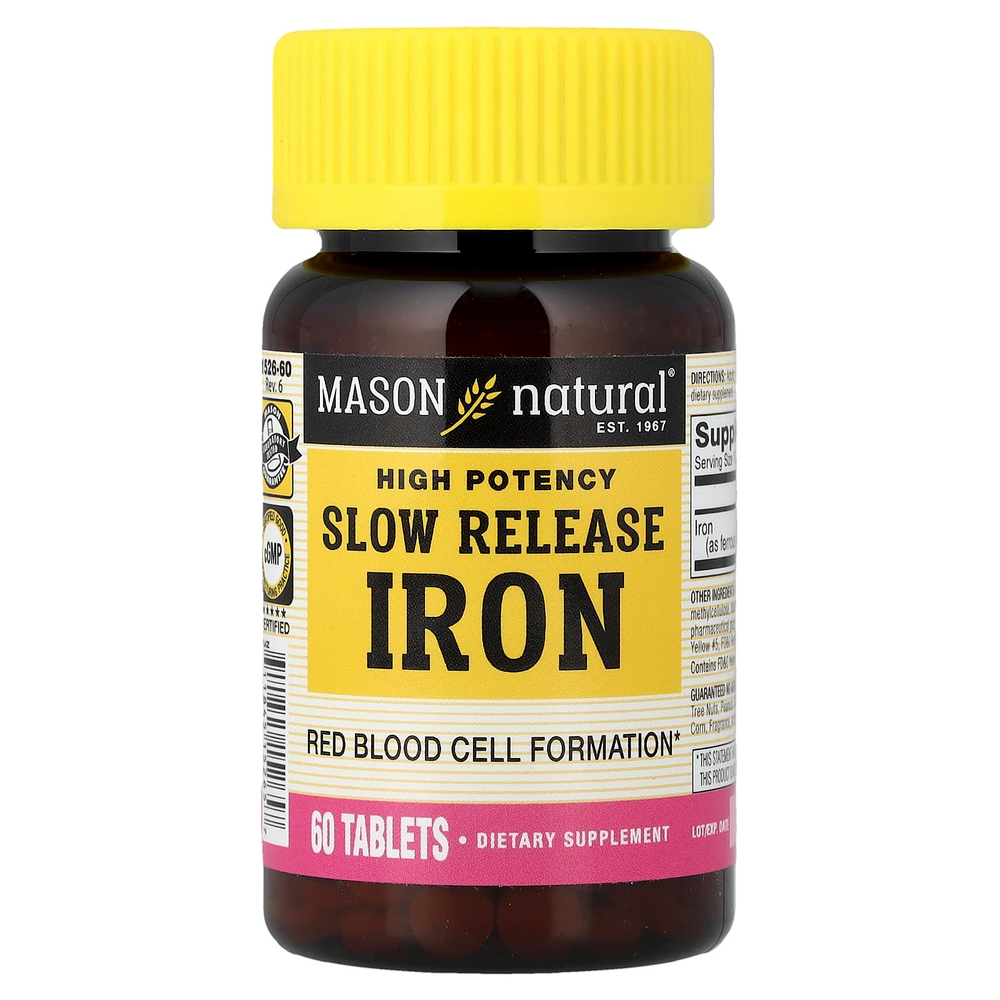 Mason Natural, медленное высвобождение железа, высокая эффективность, 60 таблеток (50 мг в 1 таблетке)