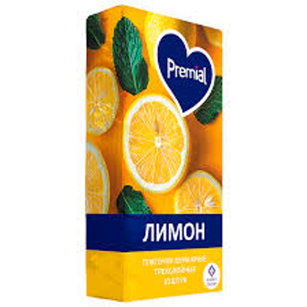PREMIAL Платочки бумажные трехслойные белые с ароматом лимона 1/6/240