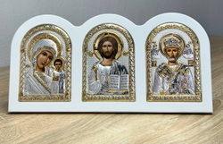 Триптих, Спаситель, Казанская БМ, Николай Чудотворец, икона, белое дерево, эмаль 320х160