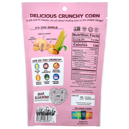 Love Corn, вкусная хрустящая кукуруза, барбекю, 115 г (4 унции)