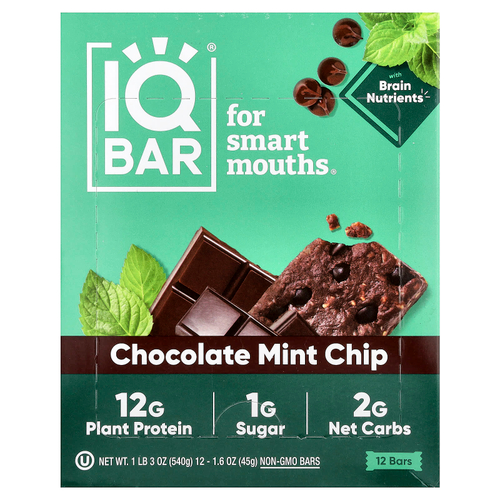 IQBAR, батончик растительного протеина, со вкусом шоколадной крошки и мяты, 12 батончиков по 45 г (1,6 унции)