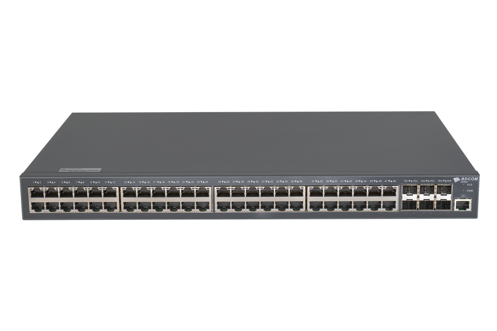 Управляемый коммутатор BDCOM S2900, 48 RJ45 1Гбит/с, 6 SFP+ 10Гбит/с, L3, 2 БП