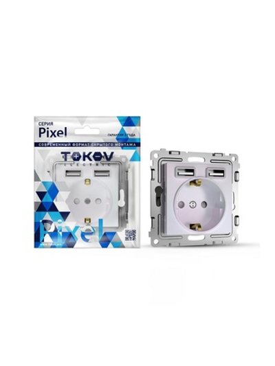 Розетка 1-м СП Pixel IP20 с заземл. с 2-мя заряд. устр. USB тип A+A механизм перламутр. TOKOV ELECTRIC TKE-PX-R1U2A-C04