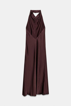 ZARA АТЛАСНОЕ ПЛАТЬЕ МИДИ С ГОРЛОВИНОЙ ХАЛТЕР — ZW COLLECTION, БАКЛАЖАННЫЙ