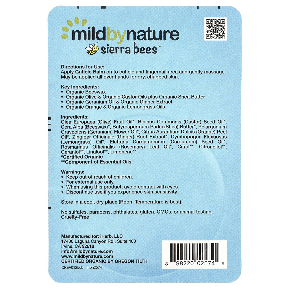 Mild By Nature, Sierra Bees™, бальзам для кутикулы, герань, апельсин и лемонграсс, 17 г (0,6 унции)