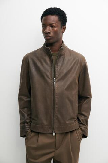Massimo Dutti Куртка из кожи наппа с воротником, хаки