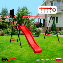 Уличные качели Sv Sport с горкой УК184.2КП2 (3.7м/Щит баскет/Гнездо 115см/"Лодочка"/Подвесы на подш 2к)