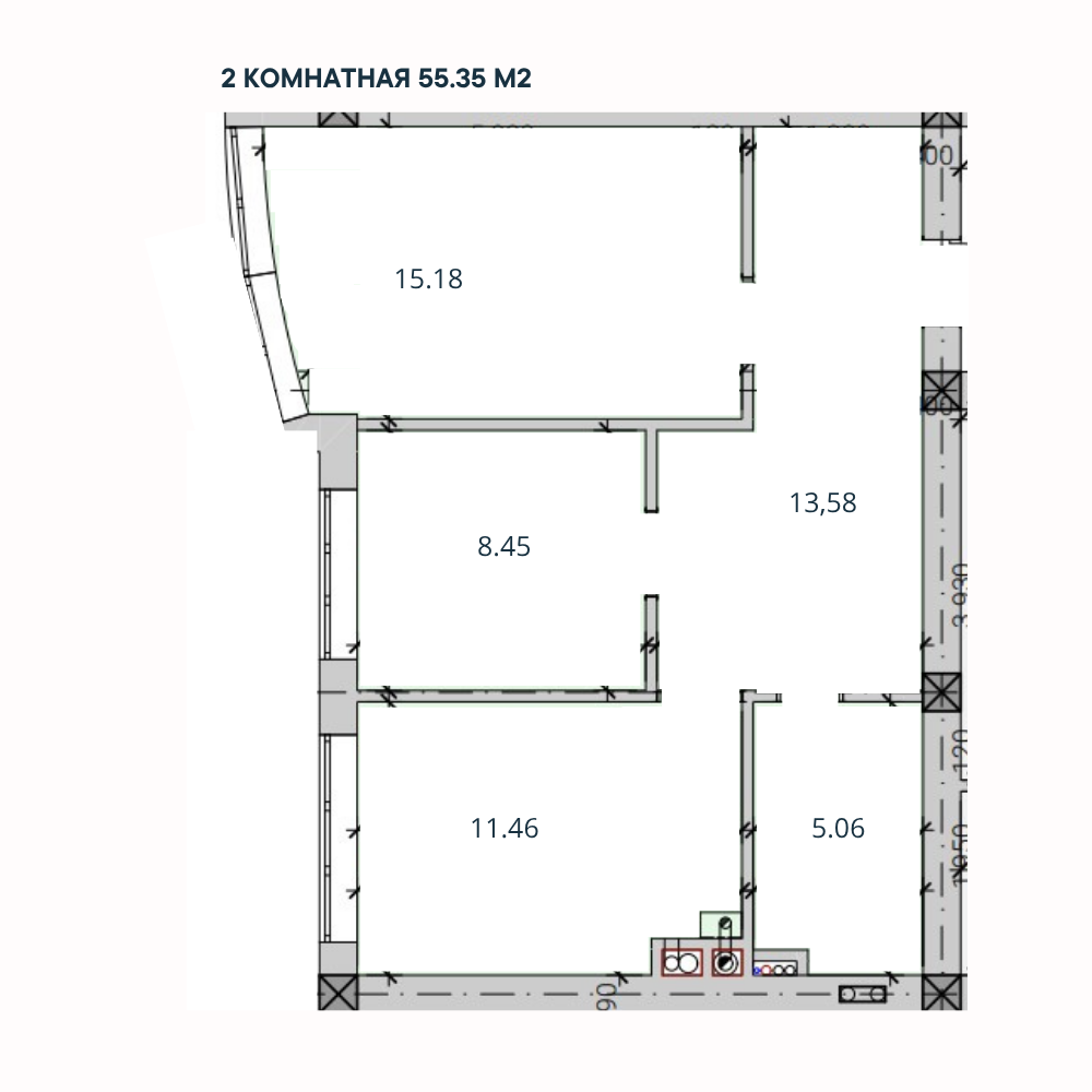 2-комн. квартира, 55,35 м²; 2,3 этажи