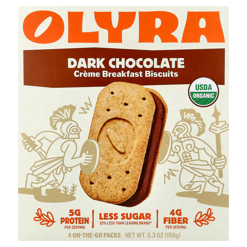 Olyra, печенье с кремом на завтрак, со вкусом темного шоколада, 4 упаковки On the Go, 150 г (5,3 унции)