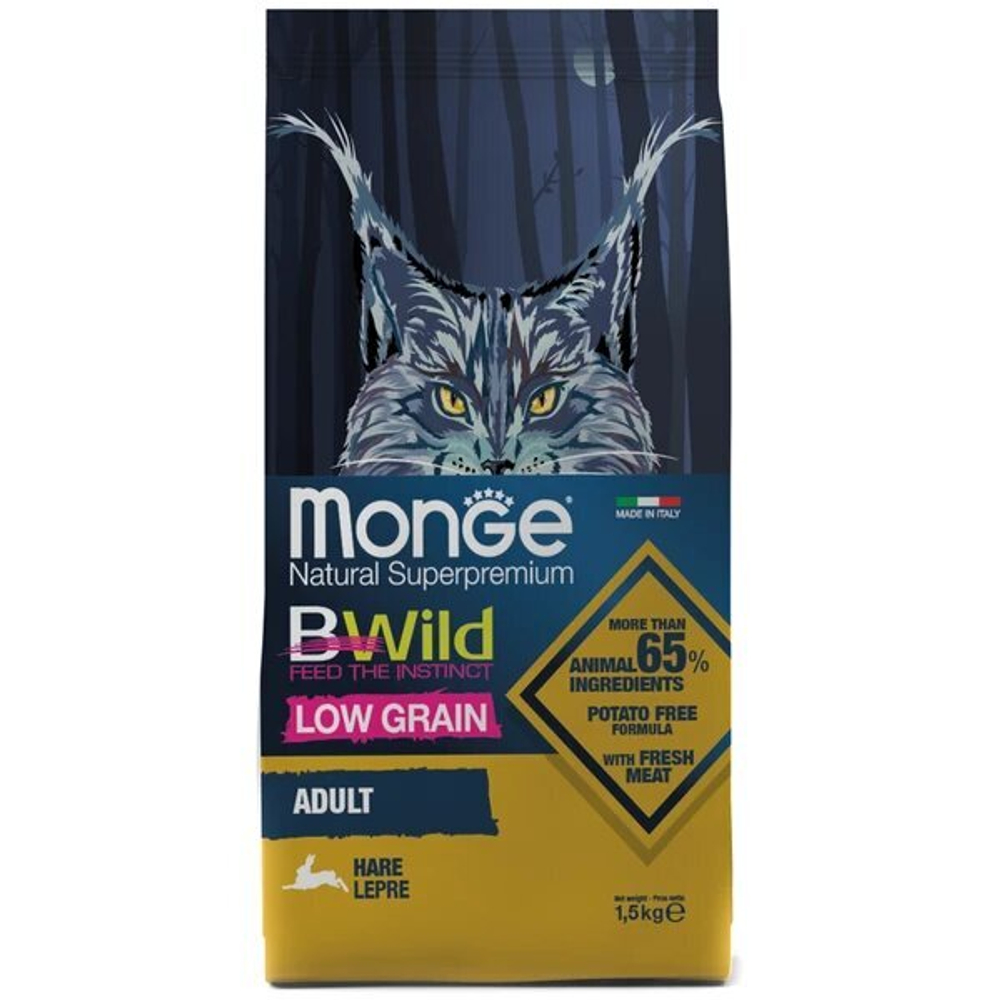 Monge Cat BWild LOW Hare (Монж заяц) для взрослых кошек, низкозерновой, из мяса зайца 1,5 кг