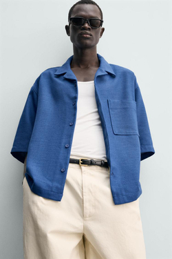 ZARA РУБАШКА BOXY FIT ИЗ РЕЛЬЕФНОЙ ТКАНИ, ЯРКО-СИНИЙ