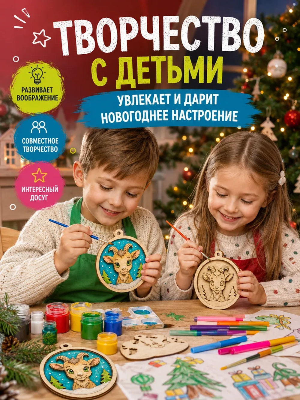 3D раскраска Козочка 2027, ёлочный шар для творчества детям