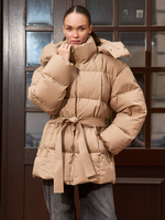 Пуховик средней длины с поясом Sesame Beige