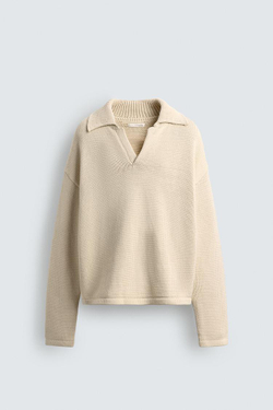ZARA ПОЛО ИЗ СМЕСОВОГО ХЛОПКА, ЭКРЮ