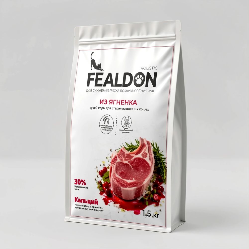Сухой корм для кошек стерилизованных Fealdon с ягненком, холистик, полнорационный