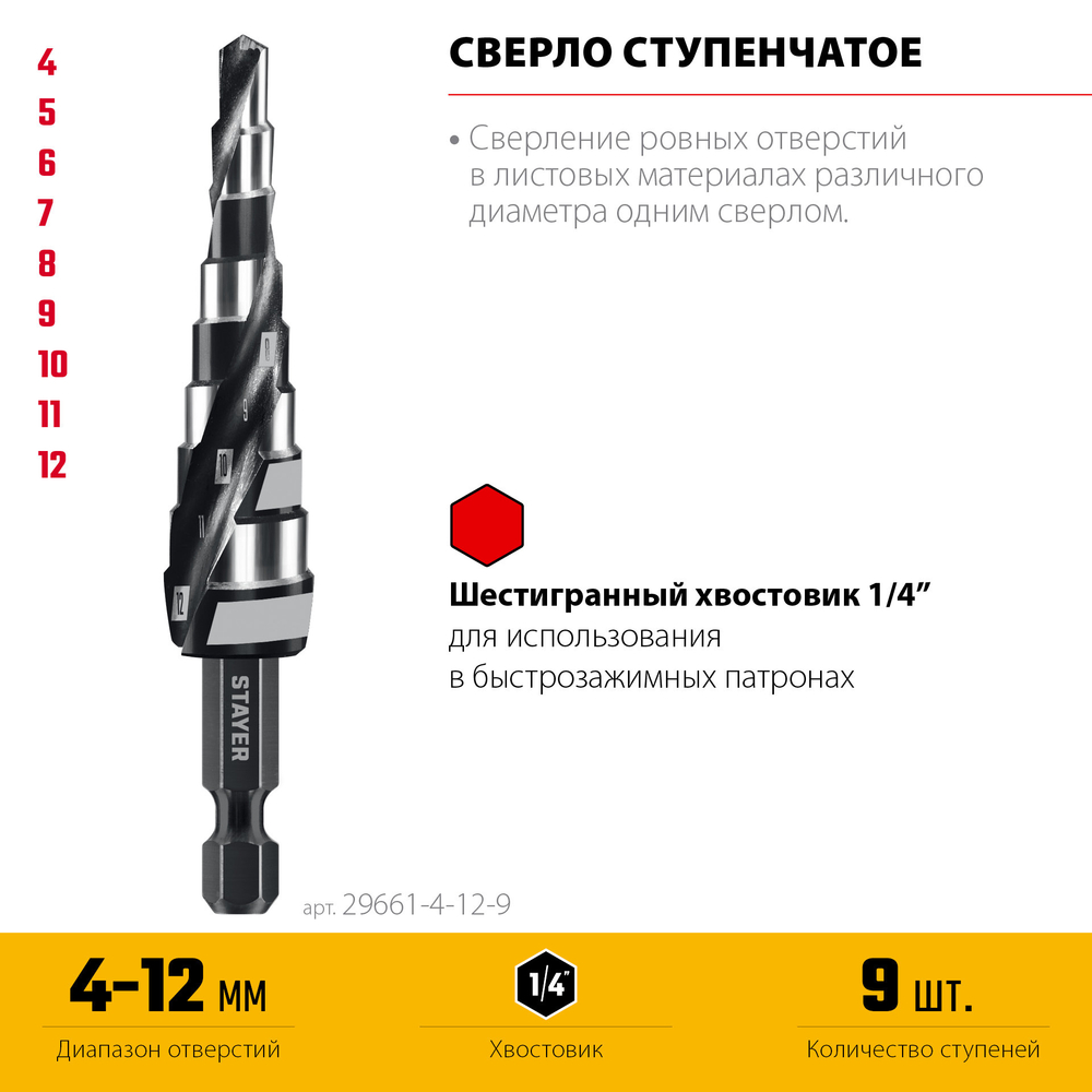 STAYER Pro-Max 4-12мм, 9 ступеней, винтовая спираль, сверло ступенчатое (29661-4-12-9)