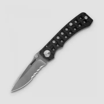 Нож"Ruger:Go-N-Heavy Compact"скл.,ст.8Cr13MoV,58-59HCR,кл.светл.Stonewah,серрейтор,рук.черный аллюм.с отверт.,клипса,чех.нейлон
