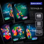Тетрадь А5, 48 л., BRAUBERG, скоба, клетка, матовая ламинация, выборочный лак, "Animals Pop-Art", 404374, 5шт