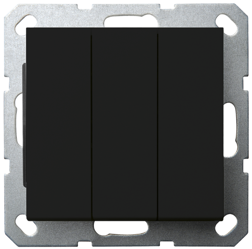Выключатель трехклавишный 10A 250V~с накладкой, цвет Черный матовый (soft touch)