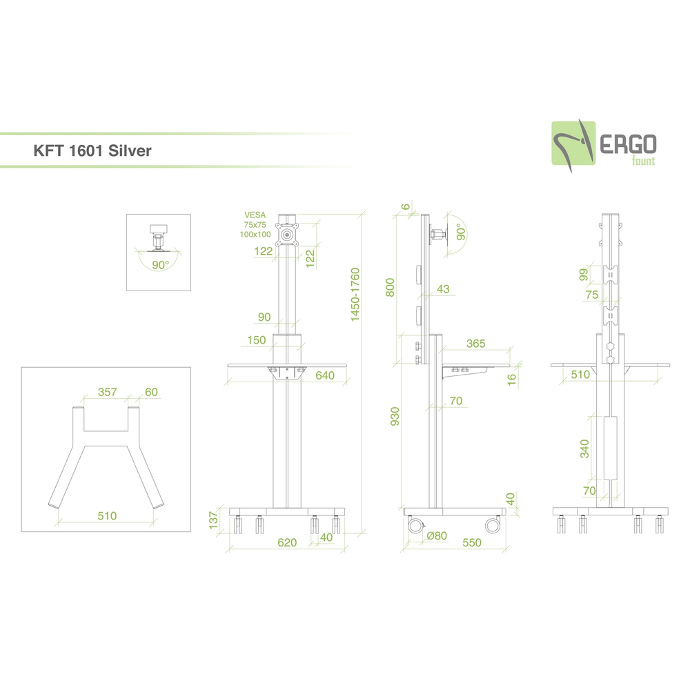 ErgoFount KFT 1601 Silver Напольная мобильная стойка для монитора диагональю 10–24'', высота 1450–1760 мм, макс. нагрузка 20 кг