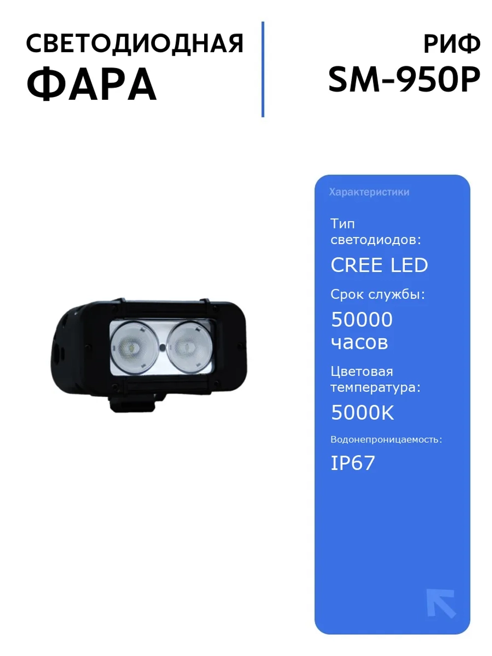 Светодиодная фара РИФ 127 мм 20W LED для дальнего света, влагозащищенная, мощный свет, CREE, 50000 часов работы