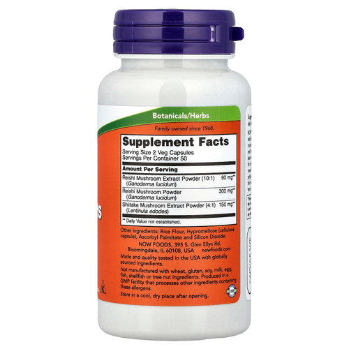 NOW Foods, грибы рейши, 100 растительных капсул