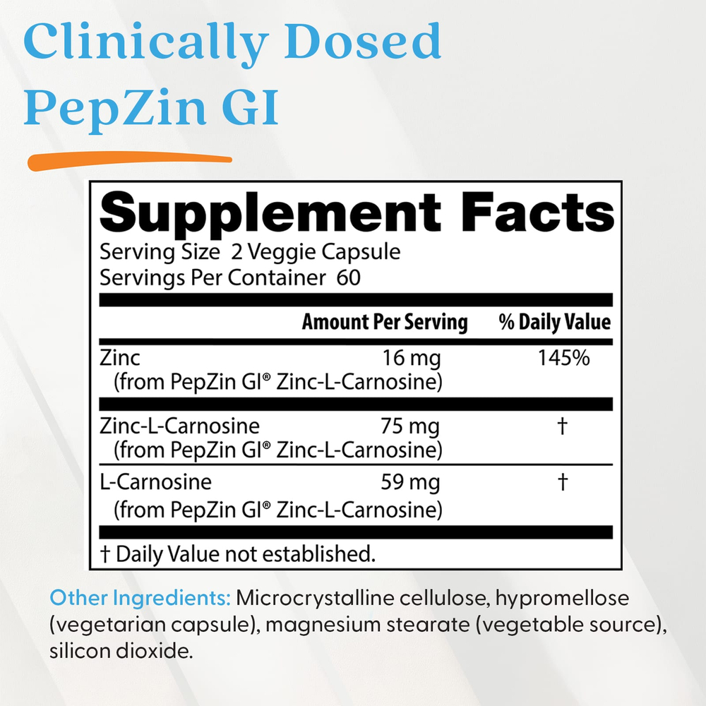 Doctor's Best, PepZin GI®, цинк-L-карнозин, 120 растительных капсул