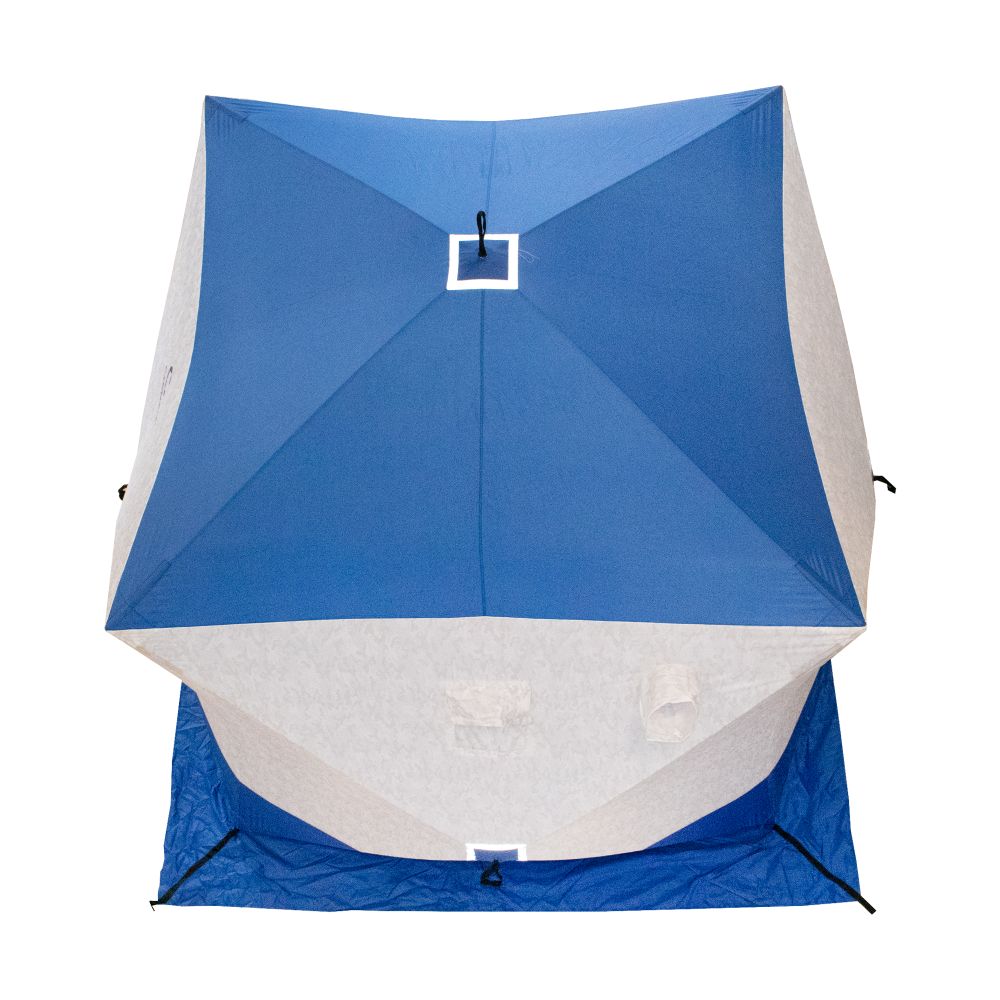 Палатка зимняя куб СЛЕДОПЫТ 2,1 х2,1 м,Oxford 210D PU 1000,S по полу 4,4 кв.м,цв.синий/белый с принт