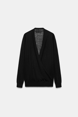 ZARA ТРИКОТАЖНЫЙ СВИТЕР С ЗАПАХОМ И МЯГКИМ ВЫРЕЗОМ, ЧЕРНЫЙ