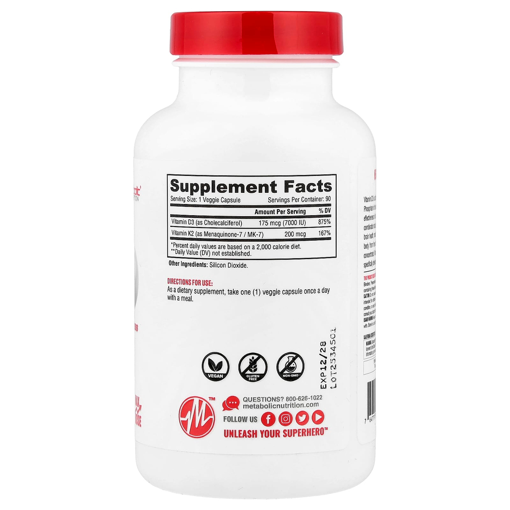 Metabolic Nutrition, витамины D3 и K2, 90 капсул