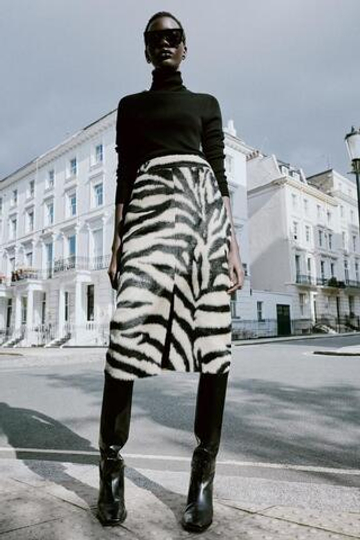 ZARA ЮБКА МИДИ ИЗ ИСКУССТВЕННОГО МЕХА, ЧЕРНЫЙ/БЕЛЫЙ