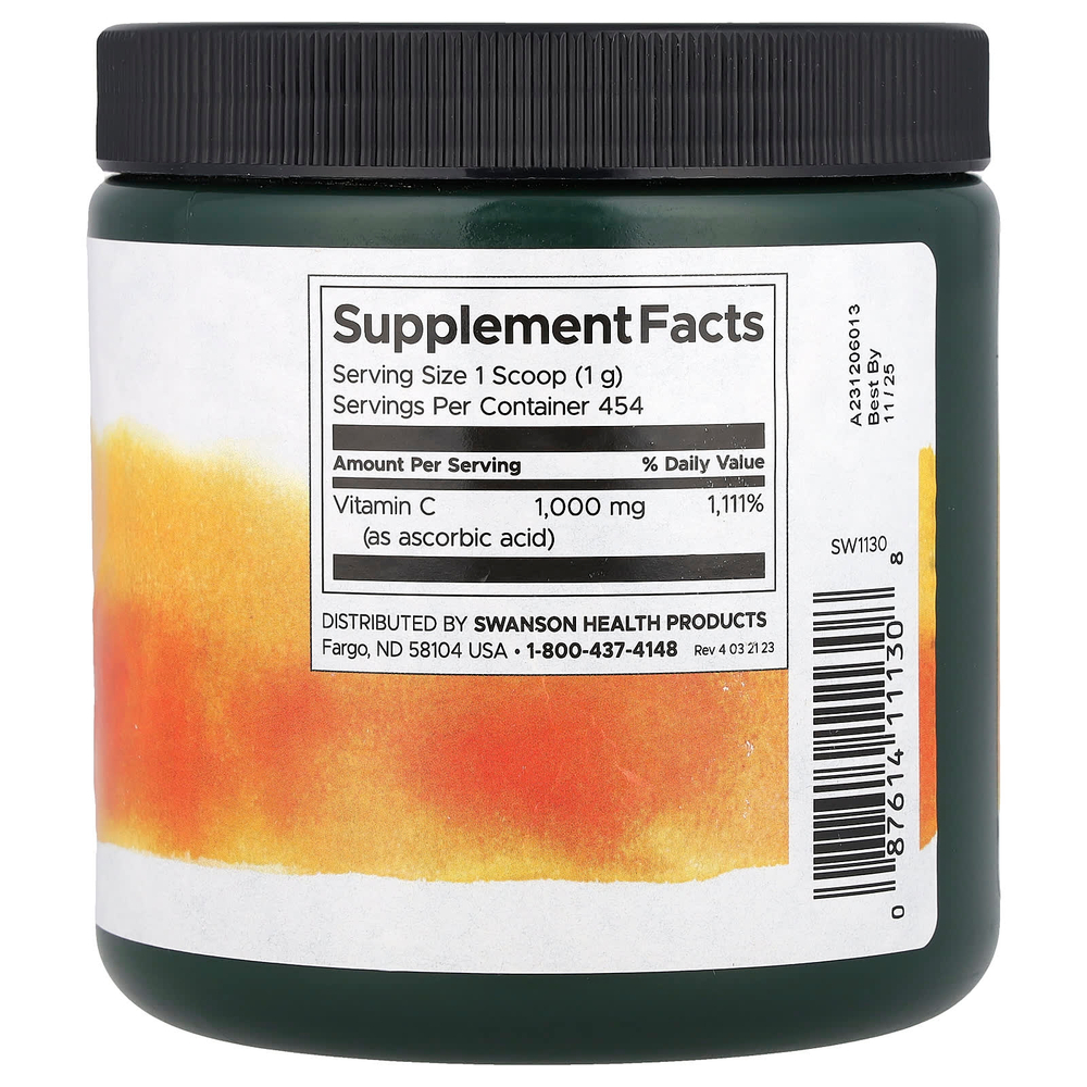 Swanson Vitamins, 100% Pure C-1000, витамин C в порошке, 454 г (16 унций)