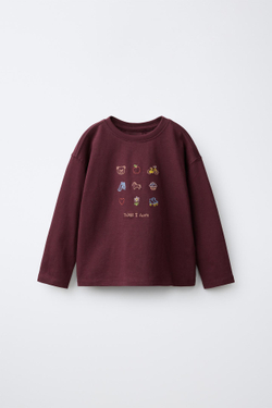 ZARA ФУТБОЛКА С ВЫШИТОЙ ДЕТАЛЬЮ, БАКЛАЖАННЫЙ