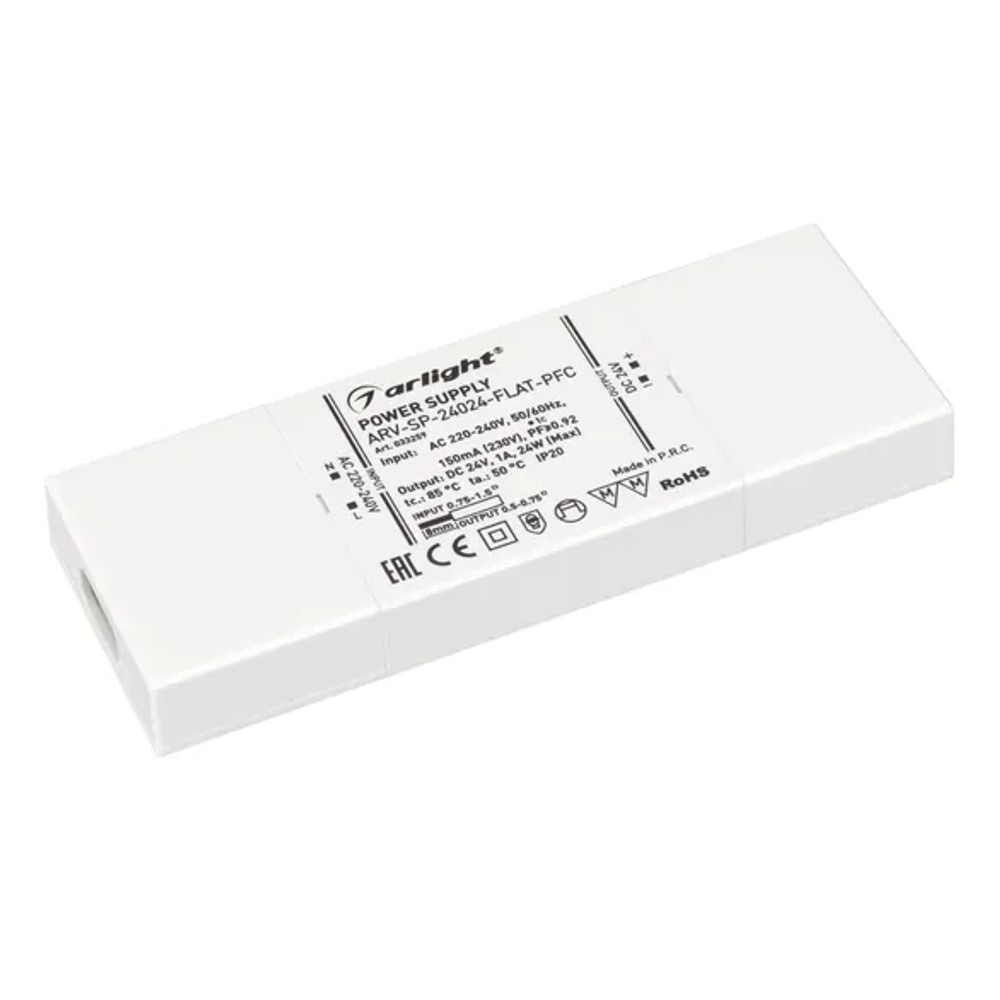 Блок питания ARV-SP-24024-FLAT-PFC (24V, 1A, 24W) (Arlight, IP20 Пластик, 5 лет) 033259
