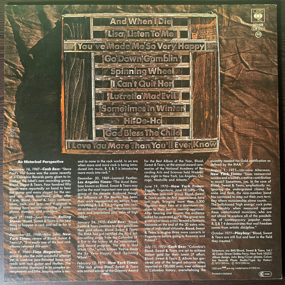 Blood, Sweat & Tears ‎– Blood, Sweat & Tears Greatest Hits (Голландия)