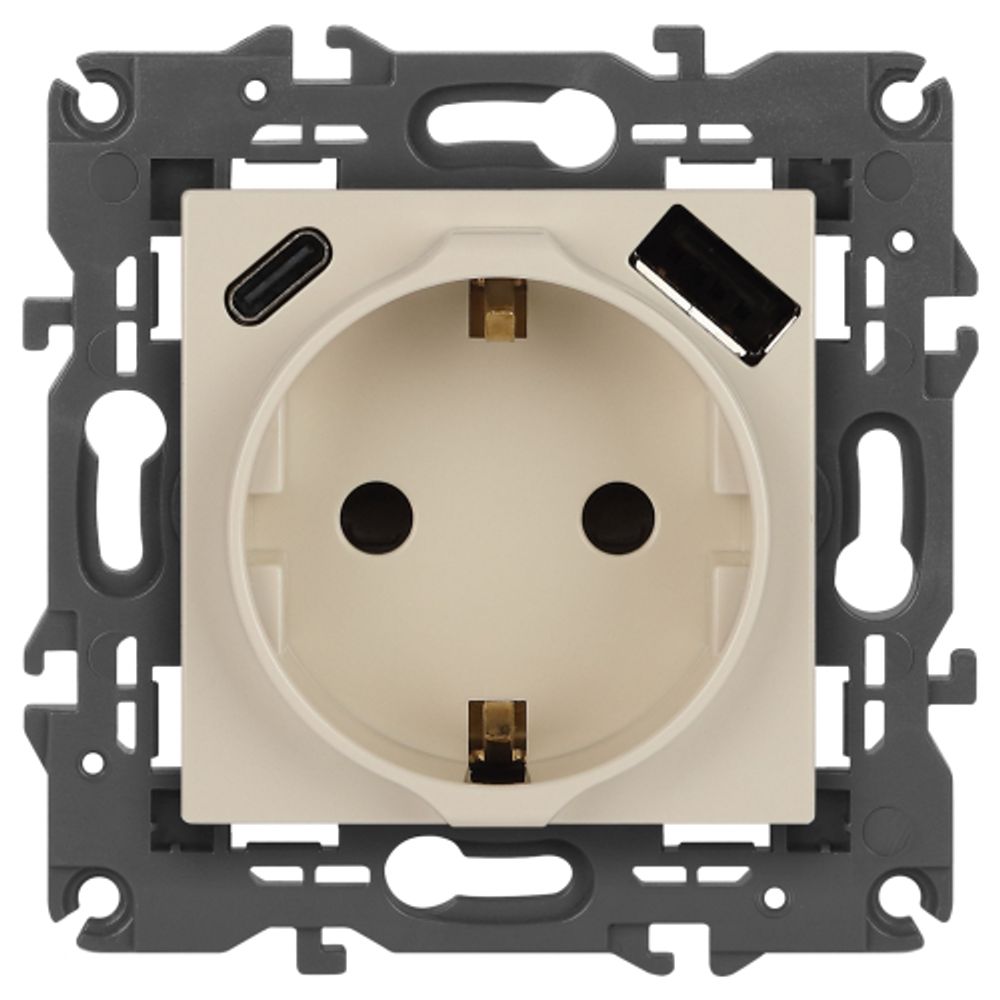 Розетка ЭРА Elegance 14-4108-02 2P+E 16A-250В со шторками с USB type-A+C 5В-3А слоновая кость | Эра Elegance