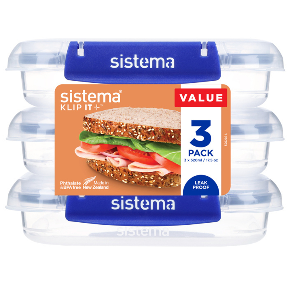 Набор контейнеров для сэндвичей 3шт 520мл Sistema Klip It+ синий