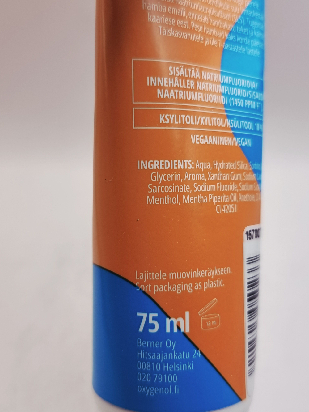 OXYGENOL Зубная паста PERHE мятная, без SLS, содержит 10 % ксилита и фтор, 75 мл (из Финляндии)