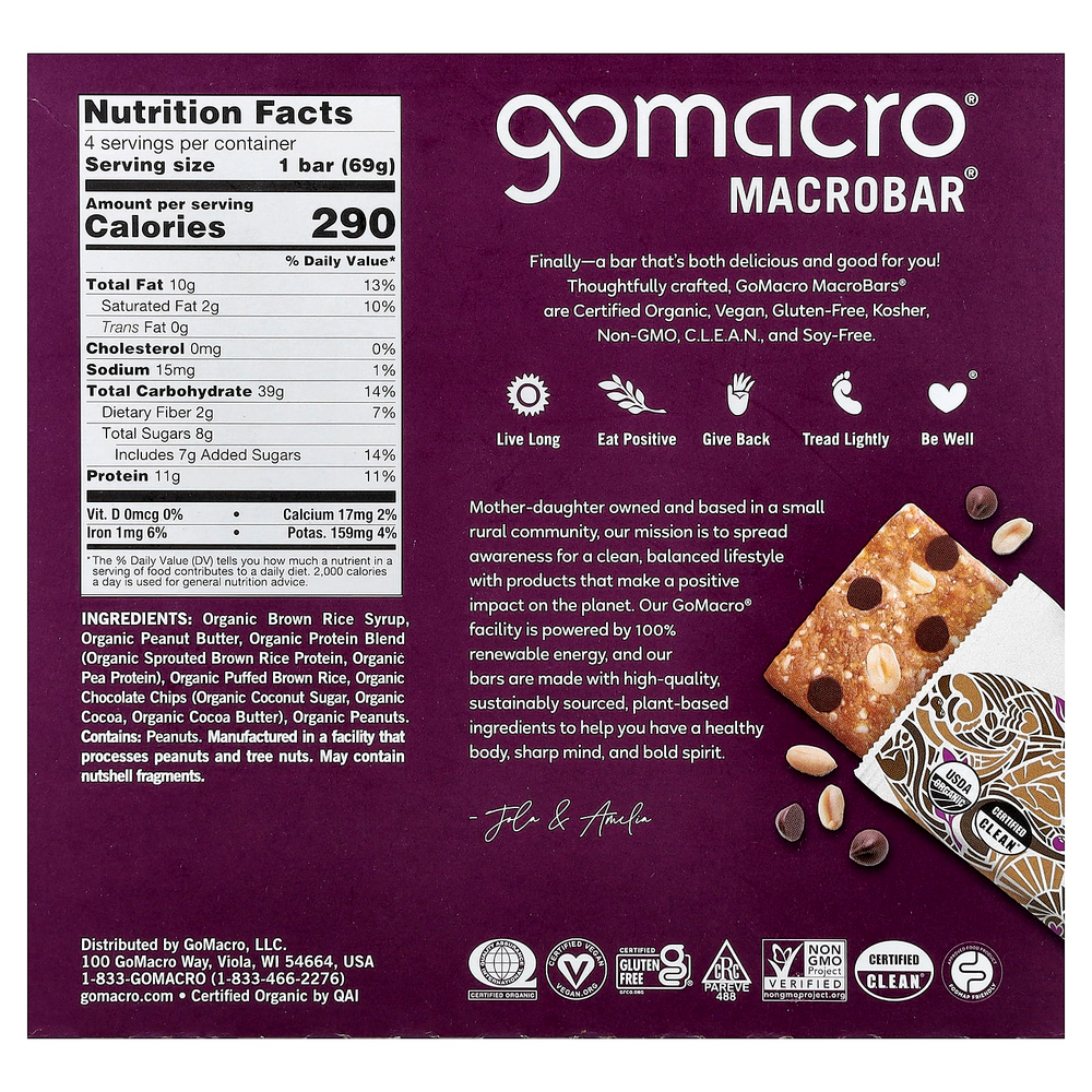 GoMacro, MacroBar®, протеиновое наслаждение, арахисовая паста и шоколадная крошка, 4 батончика по 69 г (2,4 унции)