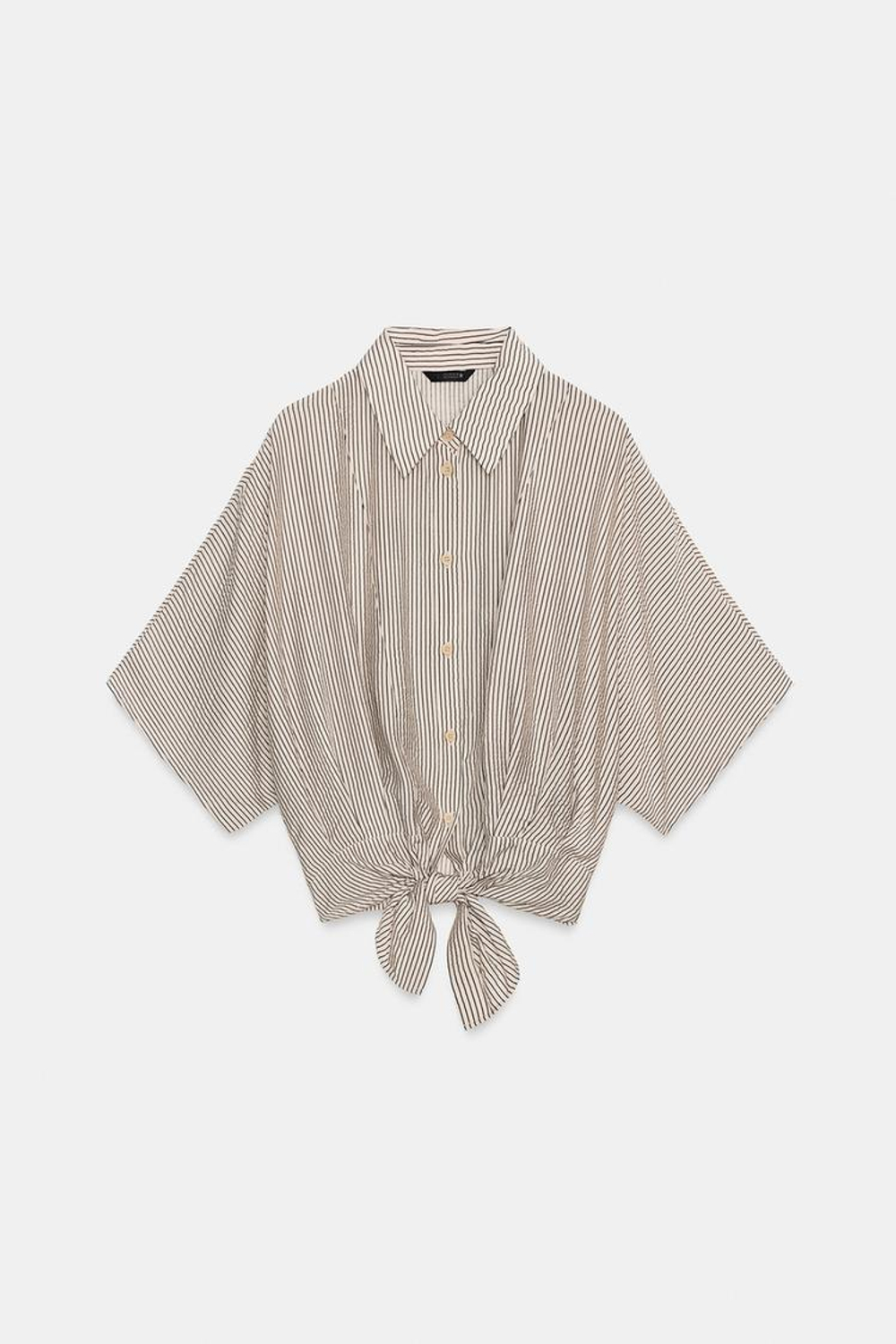 ZARA РУБАШКА С КОРОТКИМИ РУКАВАМИ И УЗЛОМ, ЭКРЮ/ЧЕРНЫЙ