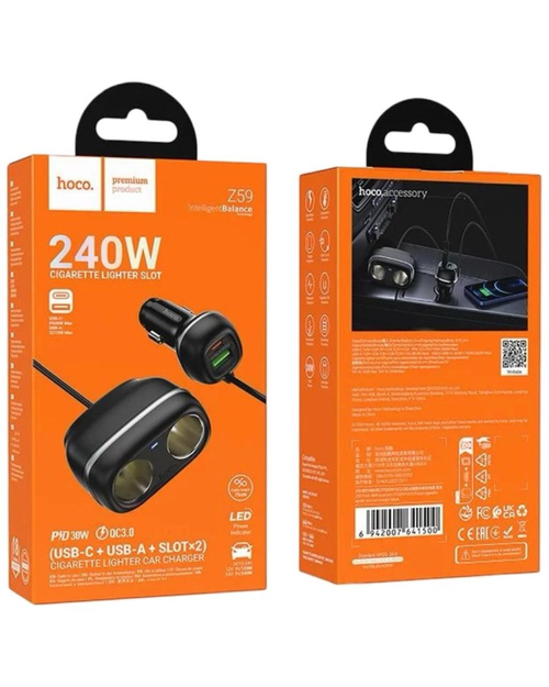 Автомобильное заряд. устр. Hoco Z59 240w 1USB/1T-C/2-12V чёрный