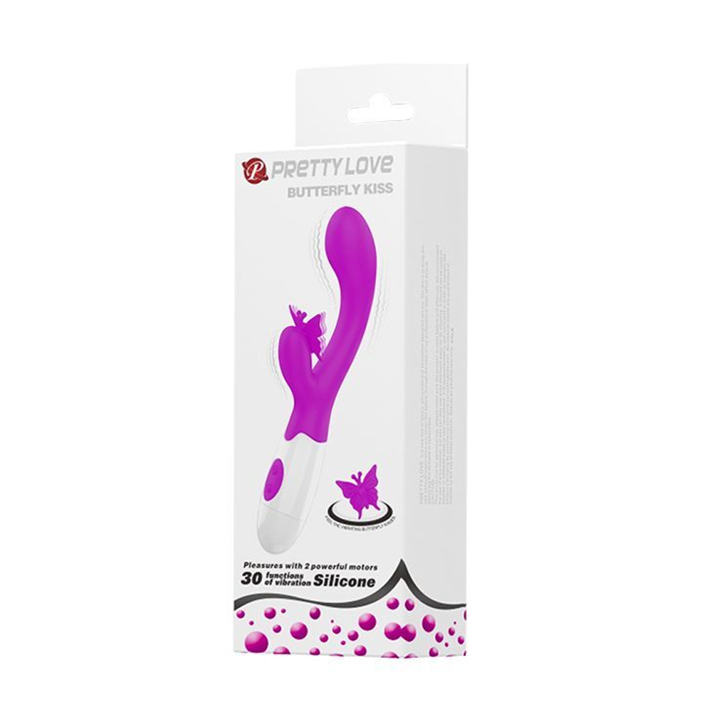 Лиловый вибратор с клиторальным стимулятором-бабочкой Butterfly Kiss - 19,9 см. (Цвет: лиловый)