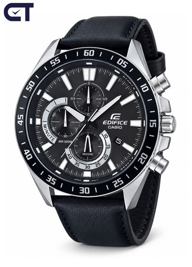 CASIO EFV-620L-1AVUDF EDIFICE мужские наручные часы — хронограф на кожаном ремешке с черным циферблатом