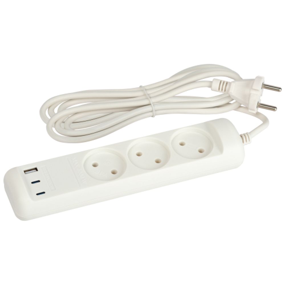Удлинитель электрический ЭРА U-3-3m-USB-W 3 розетки + 3xUSB A+C 3м 10А белый | Электротовары