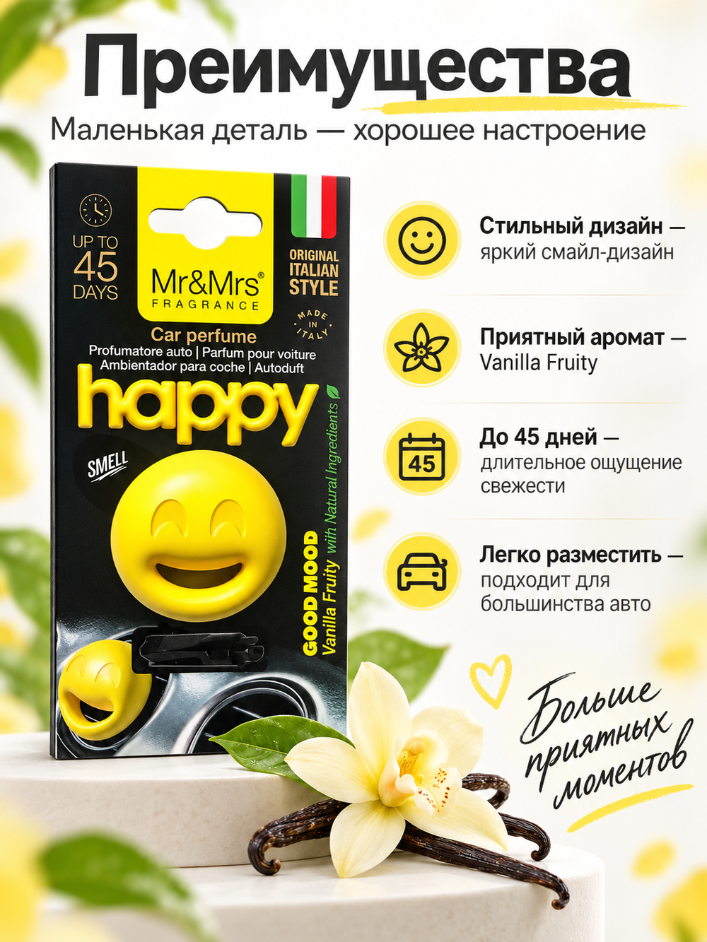 Mr&Mrs Fragrance Ароматизатор для автомобиля GOOD MOOD SMART | СЧАСТЬЕ желтый VANILLA FRUITY