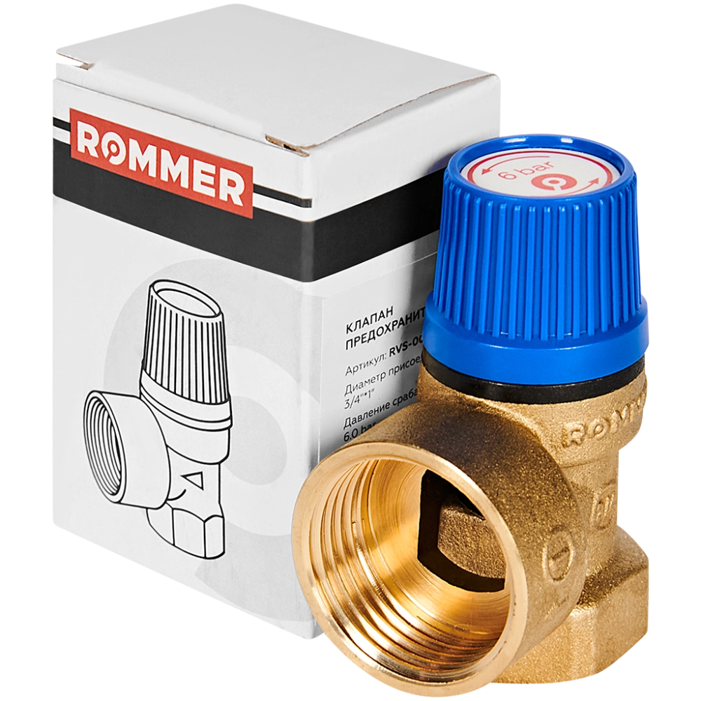 Клапан предохранительный ROMMER - 3/4", сброс 1" (ВР/ВР, Tmax 110°C, 6 бар)