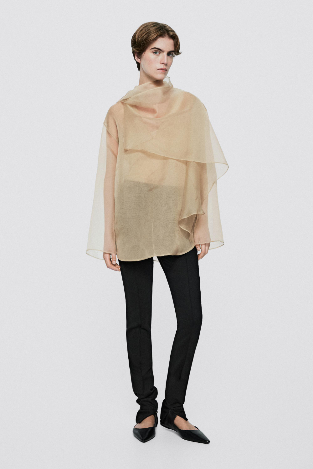 Massimo Dutti Блузка из органзы с драпировкой и отделкой в ​​виде шарфа - Limited Edition, цвет шампанского
