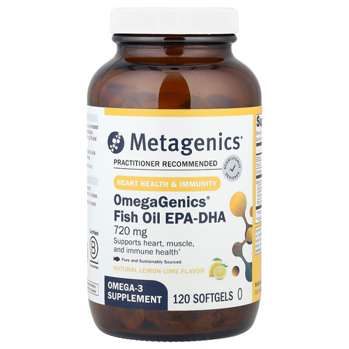Metagenics, OmegaGenics®, рыбий жир с ЭПК и ДГК, натуральный вкус лимона и лайма, 720 мг, 120 капсул